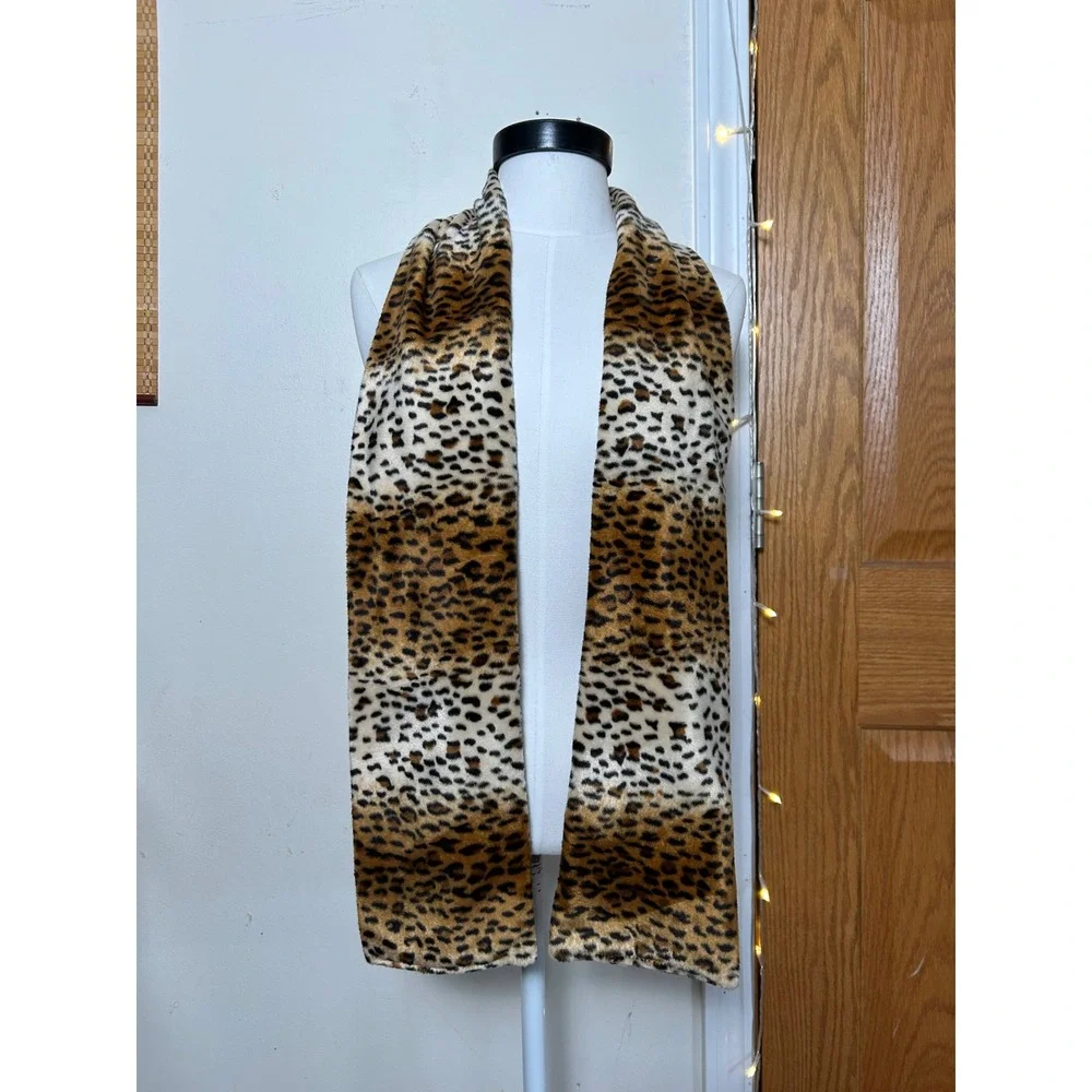 Y2K Leopard Print Scarf Brown‎ Tan Plush Animal Print Bold Retro Glam Statement